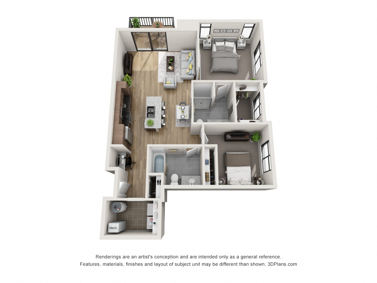 Floor plan for 2 beds, 2 baths, 1118 sqft